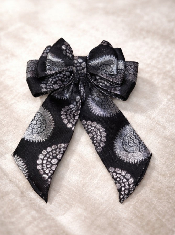 Black and silver brocade fabric bow